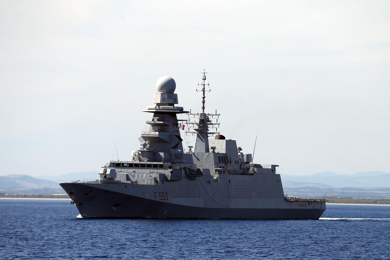 Italian Navy FREMM class frigate ITS Carabiniere (F-593) takes part in the Smerex-2025 Submarine Search and Rescue Invitational Exercise in Puglia, Italy, September 25, 2025. (AA Photo)