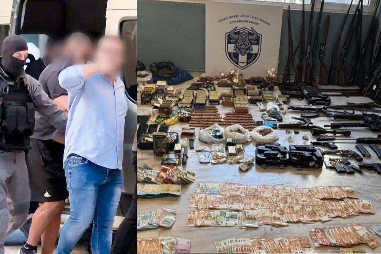 Weapons, ammunition, cash, and narcotics seized during the investigation into the Cretan mafia network in Chania, Crete, Greece, September 4, 2025. (Created with Canva)