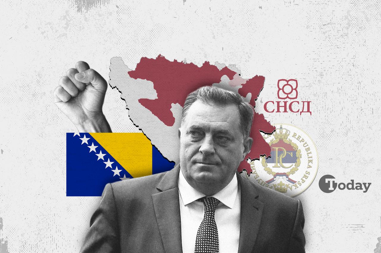 This image shows Bosnian Serb leader Milorad Dodik in front of symbols including the Republika Srpska emblem, the map and flag of Bosnia and Herzegovina. (Collage by Türkiye Today/Mehmet Akbas)