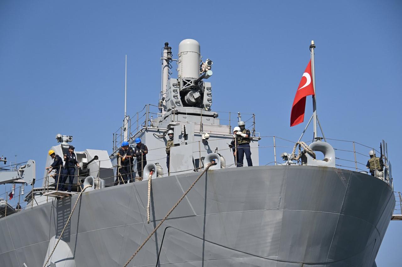 A Turkish vessel is docked at Beirut port, as Turkish nationals wait to register for boarding Turkish naval ships to leave Lebanon, amid the ongoing hostilities between Hezbollah and Israeli forces, Beirut, Lebanon, Oct. 9, 2024. (AA Photo)