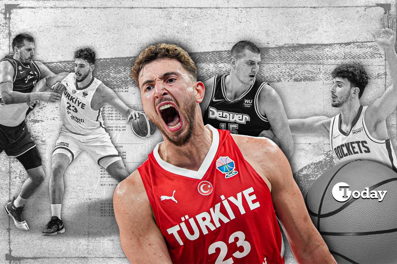 The collage shows Alperen Senguns determined expression in the foreground, while in the background he contests Nikola Jokic in the NBA, symbolizing his rise from Baby Jokic to one of the worlds top players, created on Sep. 4, 2025. (Turkiye Today)