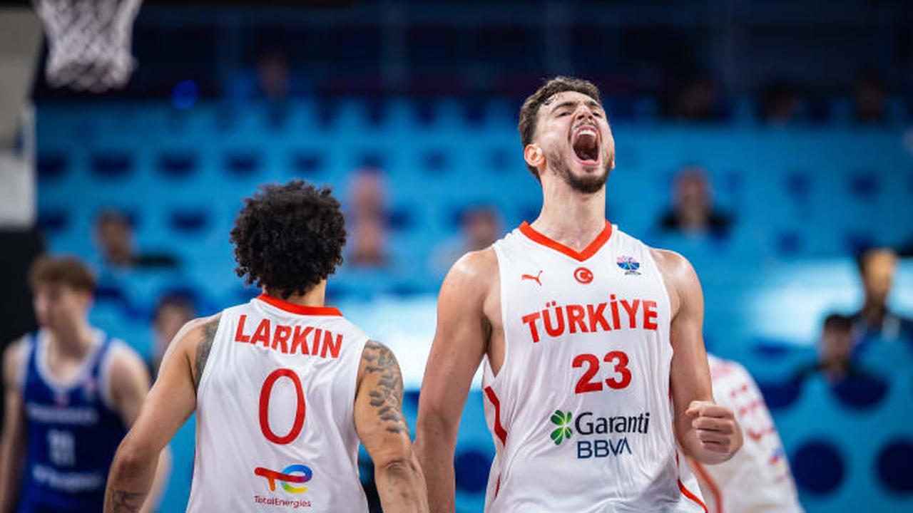 Alperen Sengun and Shane Larkin of Turkiye is seen during the FIBA EuroBasket 2025 Group A basketball match between Turkiye and Czechia at Riga Arena in Riga, Latvia,, August 29, 2025. (FIBA Basketball Photo)