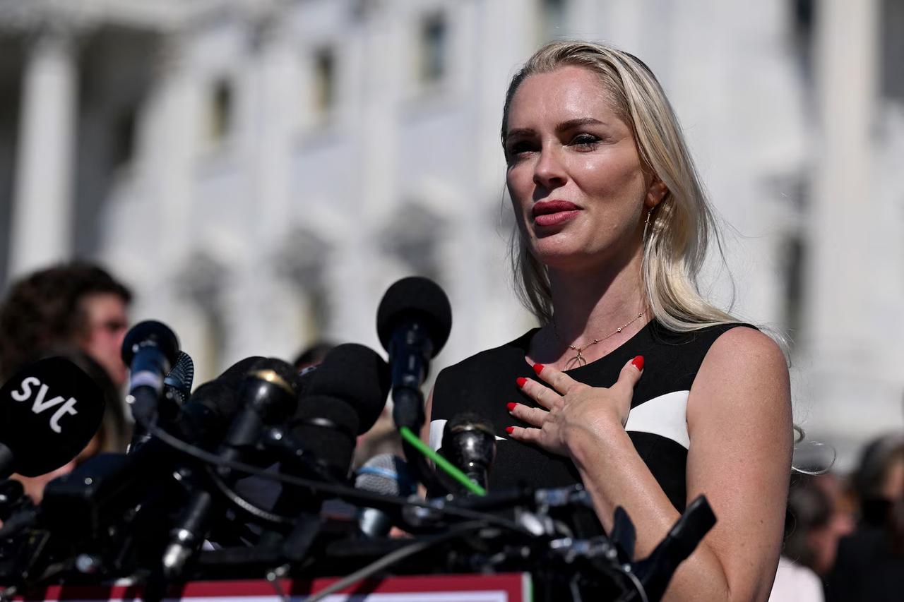 Anouska De Georgiou, who testified about sexual abuse in the Jeffrey Epstein case, speaks during a press conference and rally outside the U.S. Capitol in Washington, DC, September 3, 2025. (AFP Photo)