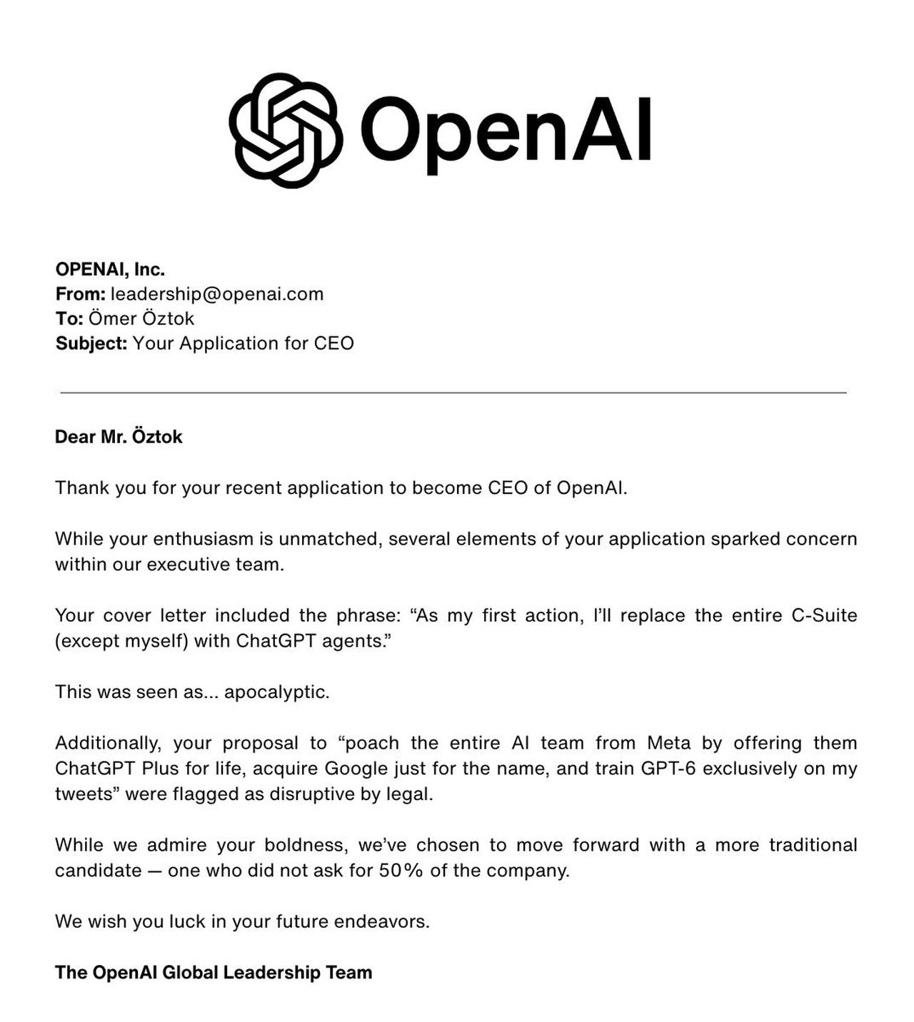 OpenAI’s humorous rejection letter to Turkish entrepreneur Omer Oztok after his application for the CEO position, September 1, 2025. (Photo via LinkedIn / @omeroztok)