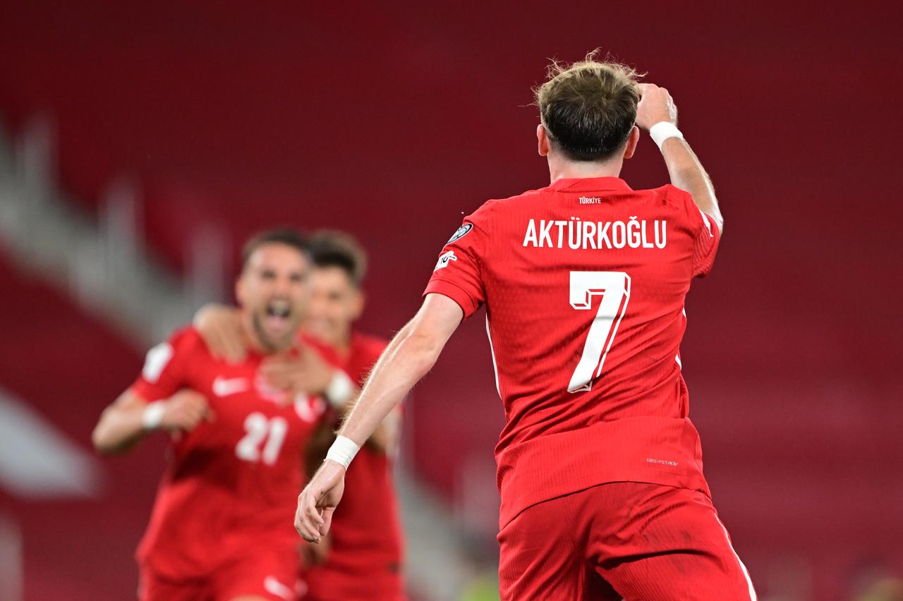 Türkiye's Kerem Akturkoglu (7) celebrates his goal during the match against Georgia at Boris Paichadze National Stadium in Tbilisi, Georgia, September 4, 2025. (AA Photo)