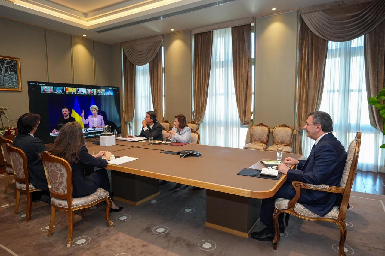 Turkish Vice President Cevdet Yilmaz attends the fifth “Coalition of the Willing” summit via videoconference in Ankara, Türkiye, September 4, 2025. (Photo via X/@_cevdetyilmaz)