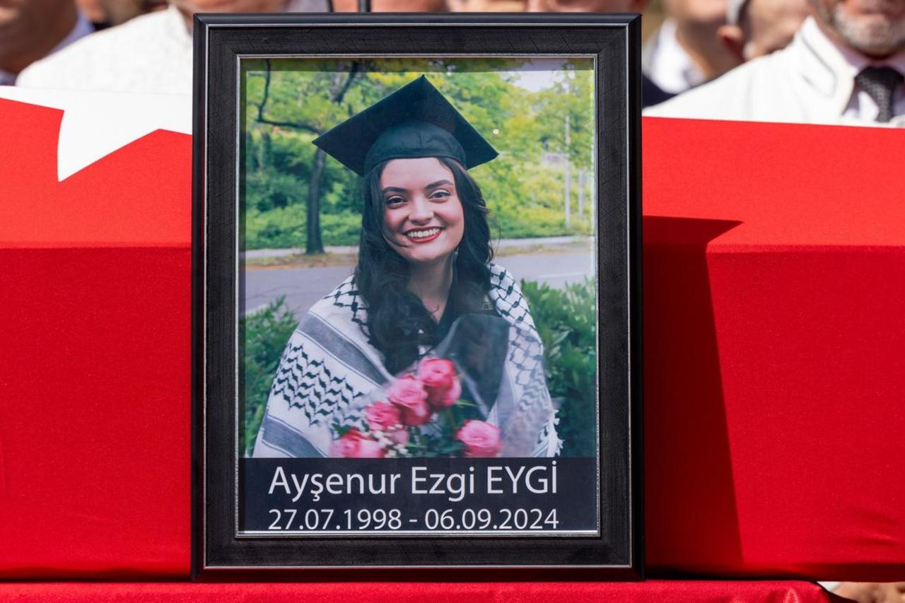Funeral prayer held for Turkish American activist Aysenur Ezgi Eygi at Didim Central Mosque in Didim distict, Aydin, Türkiye, September 14, 2024. (AA Photo)