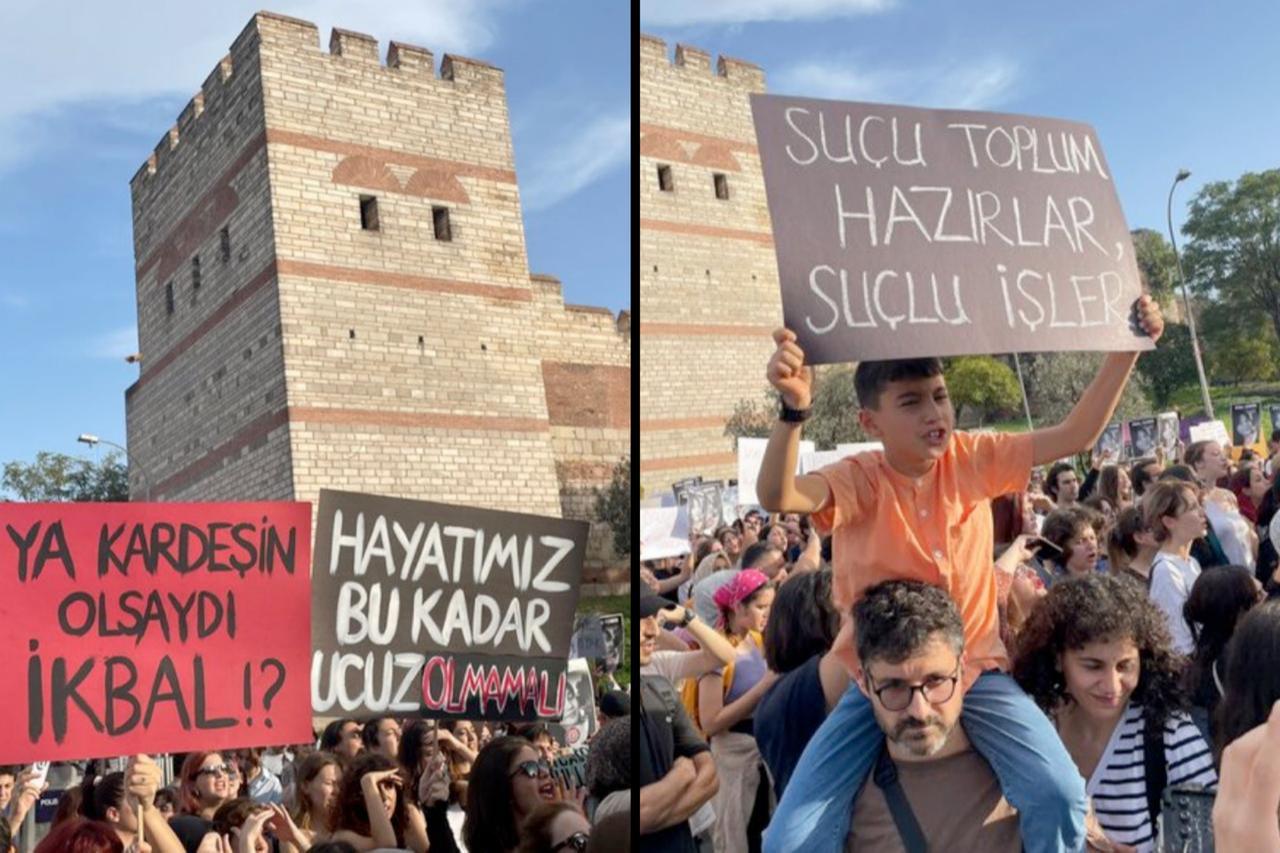 A child holds a banner reading “Society prepares the crime, the offender commits it” during a protest at Istanbul’s ancient city walls, October 2024. (Photo via X)