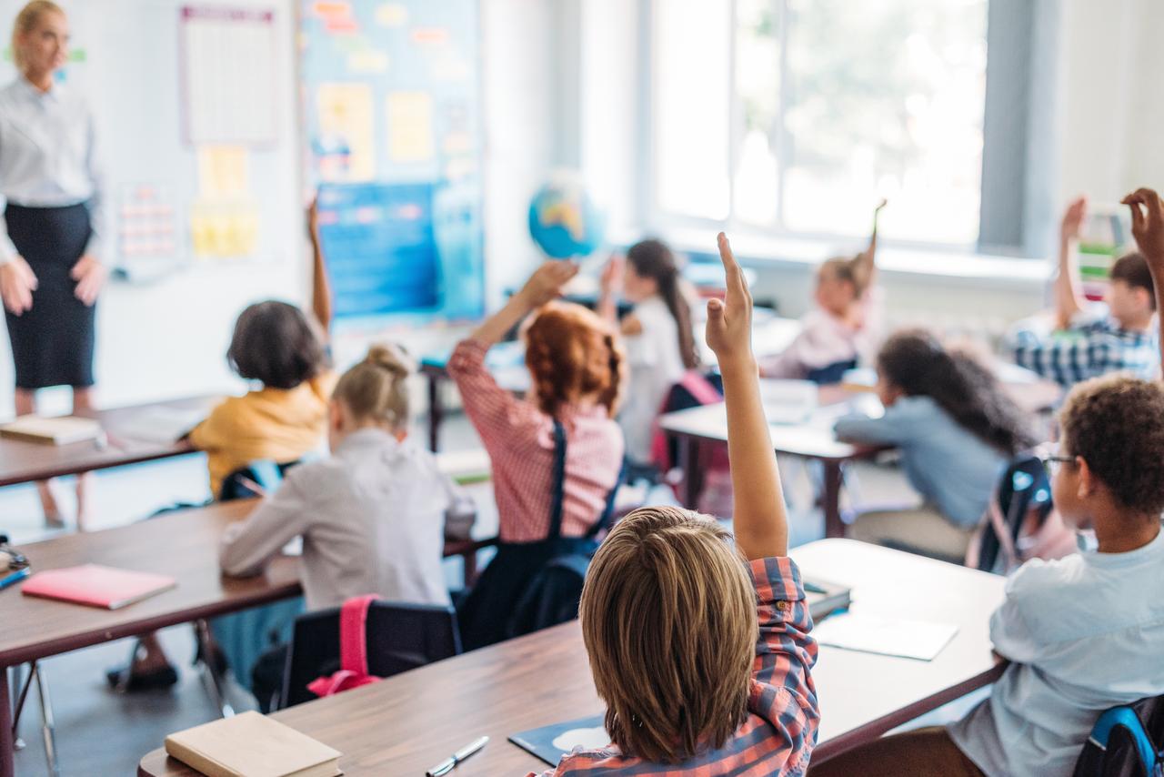 Photo shows pupils raising hands on lesson to answer teacher question, accessed on Sept. 6, 2025. (Adobe Stock Photo)