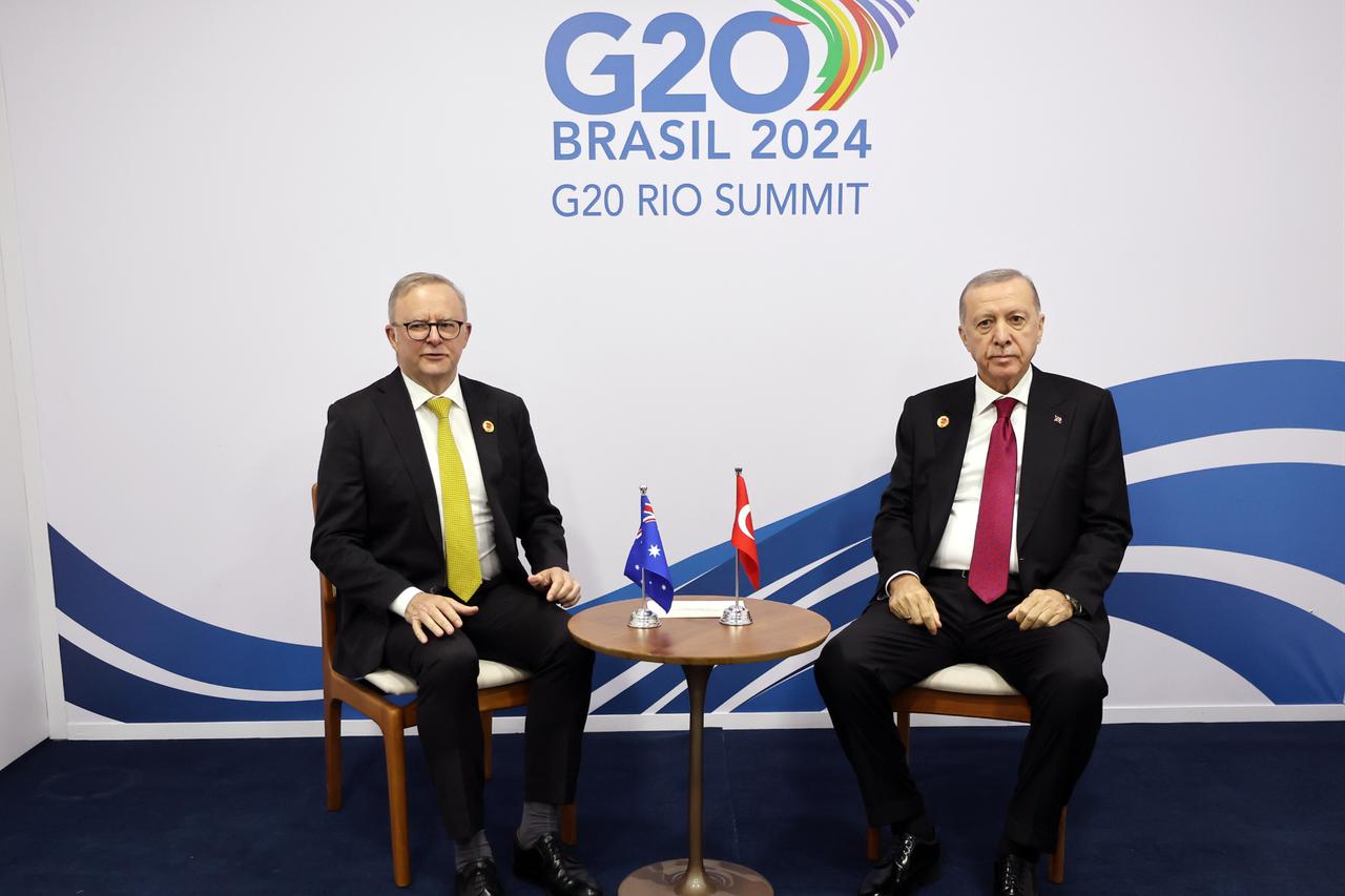Turkish President Recep Tayyip Erdogan (R) meets with Prime Minister of Australia Anthony Albanese (L) within the G20 Leaders Summit in Rio de Janeiro, Brazil on November 18, 2024. (Turkish Presidency / AA Photo)