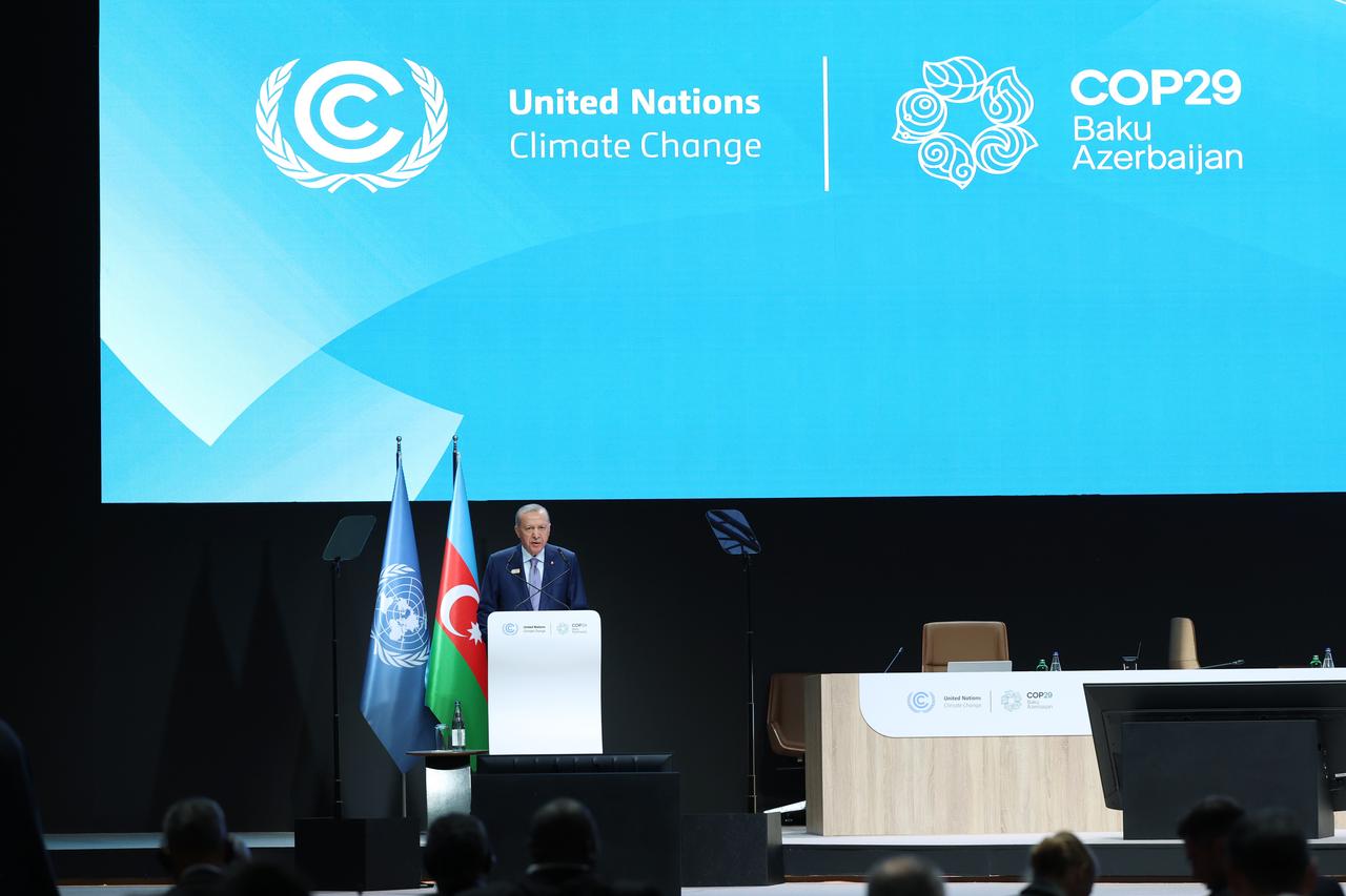 Turkish President Recep Tayyip Erdogan speaks during the 29th UN Climate Change Conference (COP29)’s World Leaders Climate Action Summit in Baku, Azerbaijan on November 12, 2024. (Turkish Presidency / AA Photo)