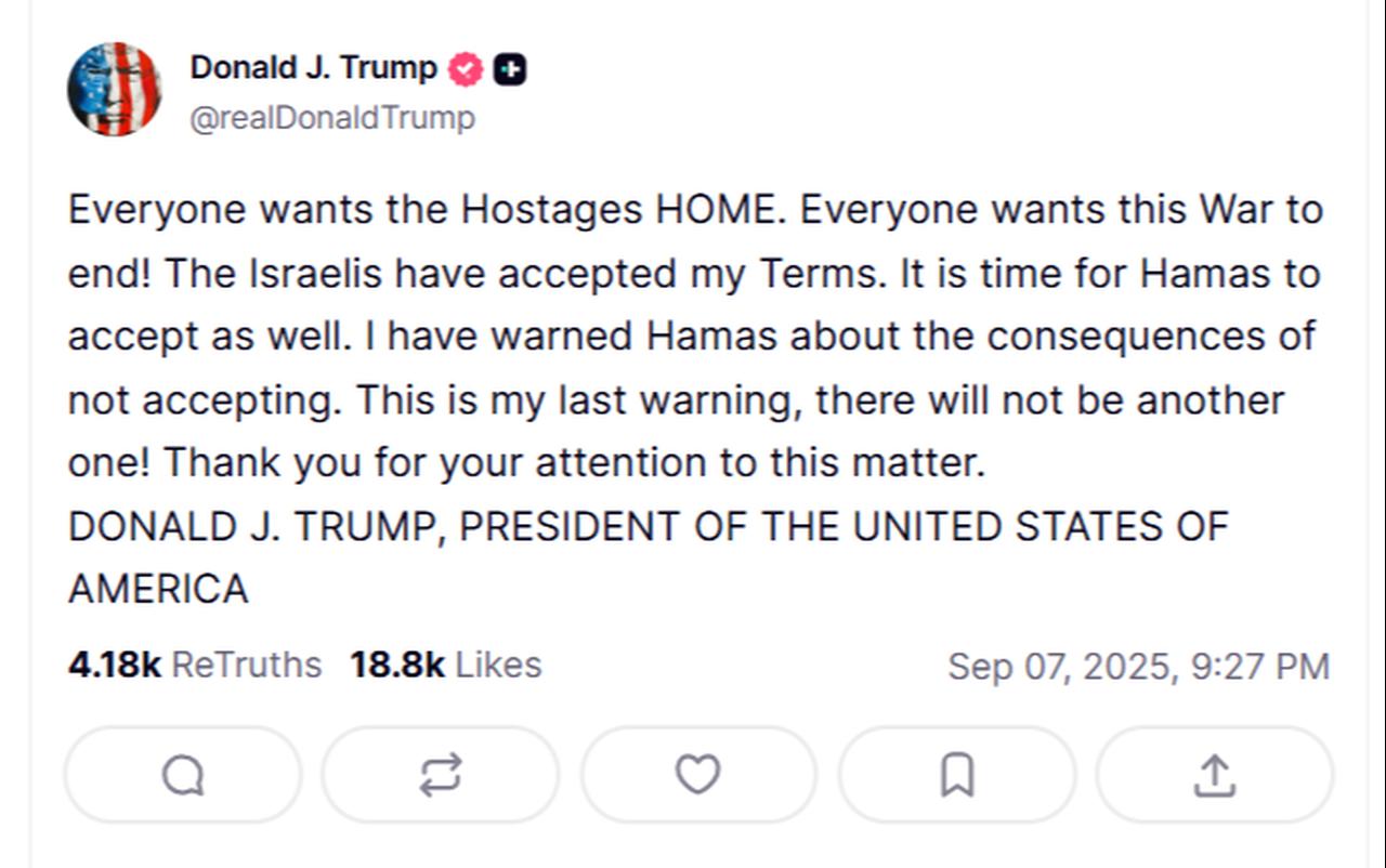 US President Donald Trump's post on latest hostage deal talks, accessed on Sept. 7, 2025. (Screenshot from @realDonaldTrump via Truth Social)