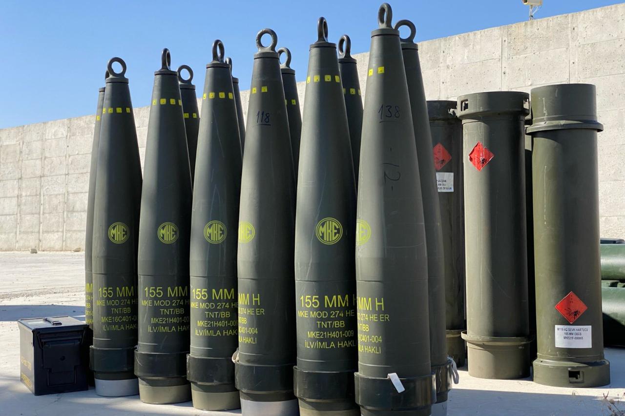 Turkish defense manufacturer Makina ve Kimya Endustrisi (MKE)s 155mm ammunition at an undated time and location. (Photo via X/@MKEgovtr)