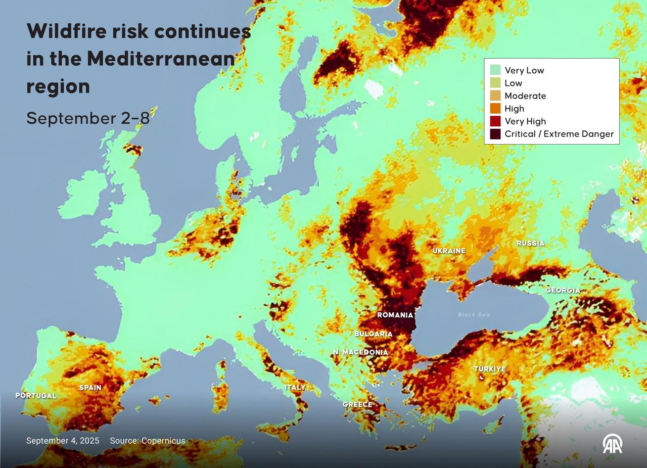 An infographic titled "Wildfire risk continues in the Mediterranean region" created in Ankara, Türkiye on September 4, 2025. (AA Photo)