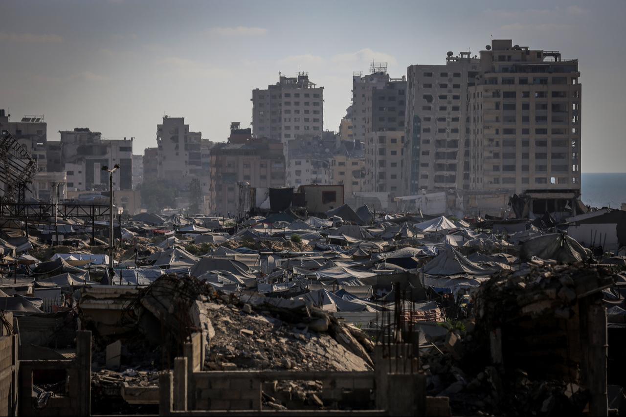 General view of makeshift tents set up among collapsed buildings while Palestinians struggle with difficult living conditions in Gaza City, Gaza, September 6, 2025. (AA Photo)
