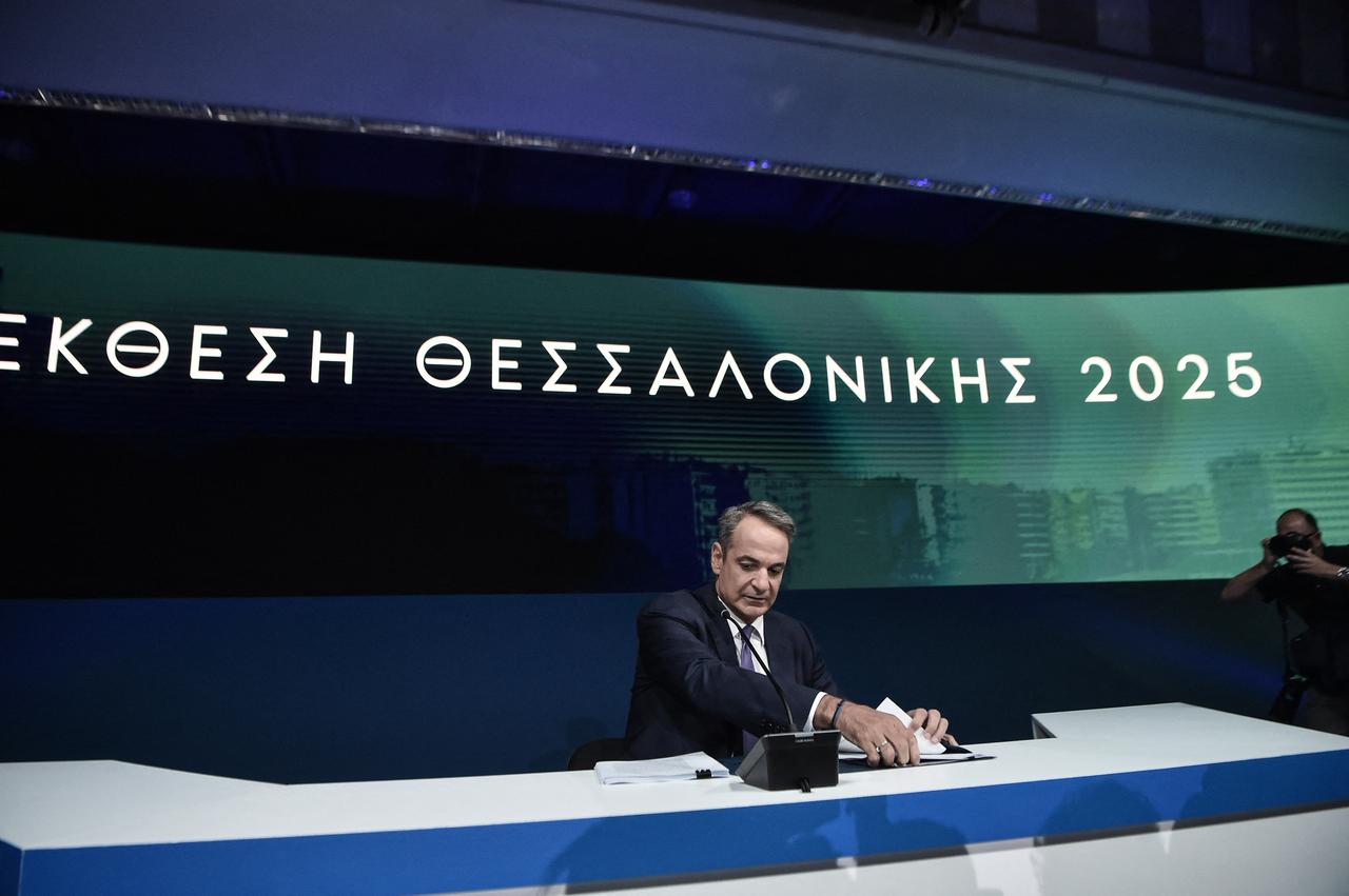 Greece's Prime Minister Kyriakos Mitsotakis attends a press conference at the Thessaloniki International Fair in Thessaloniki, northern Greece, on September 7, 2025. (AFP Photo)