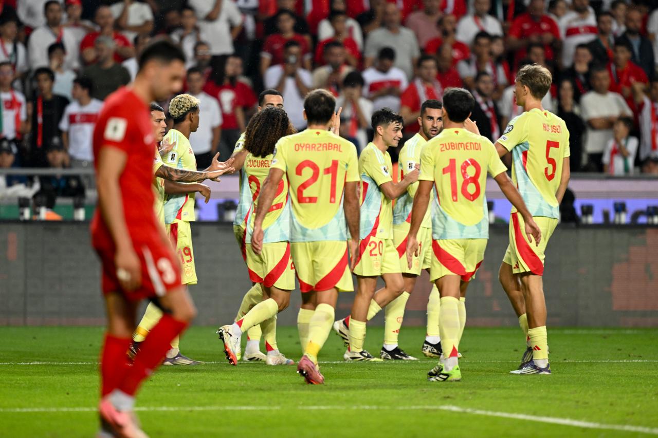 Players of Spain celebrate after scoring a goal during the 2026 FIFA World Cup European Qualifiers Group E second match between Türkiye and Spain, Konya, Türkiye, Sept. 7, 2025. (AA Photo)