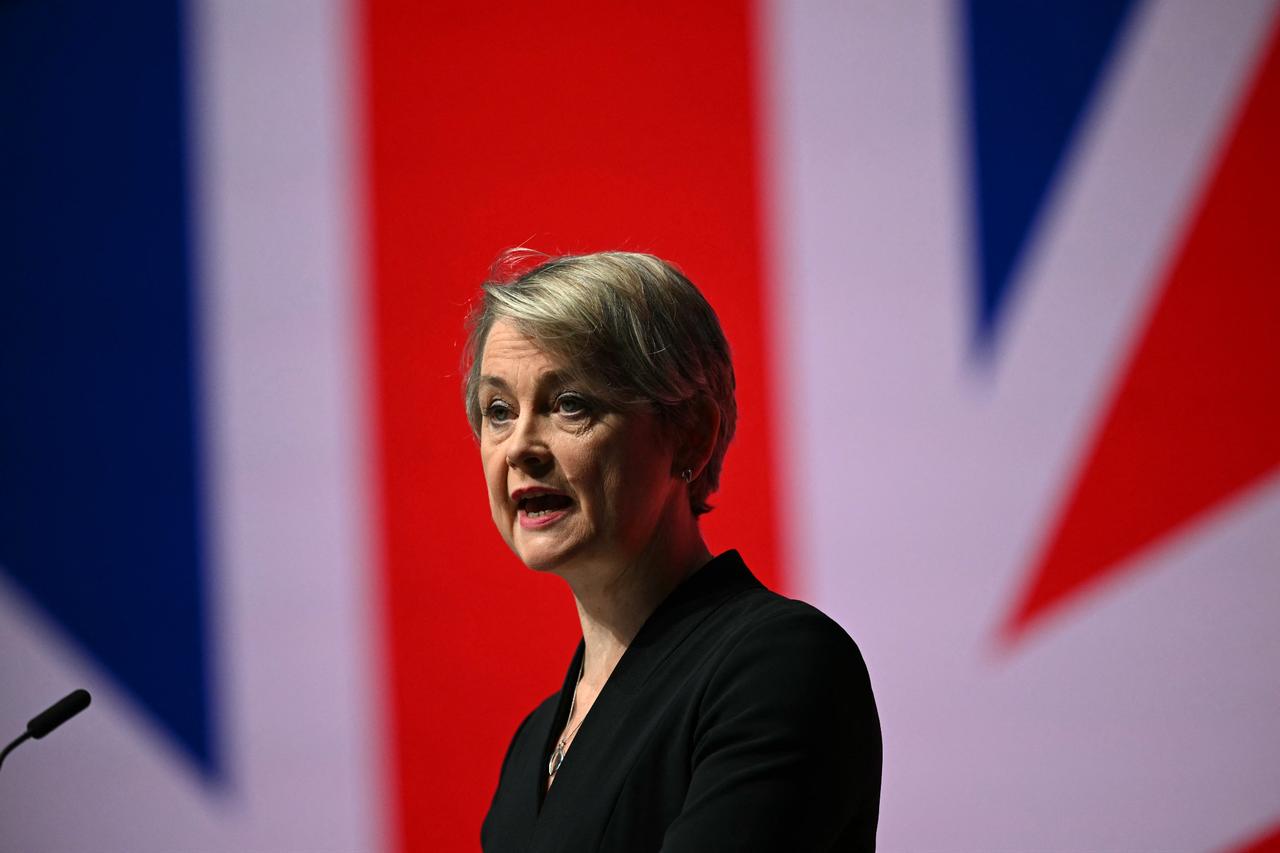 Britains Home Secretary Yvette Cooper delivers her keynote speech in Liverpool, north-west England, September 24, 2024. (AFP Photo)