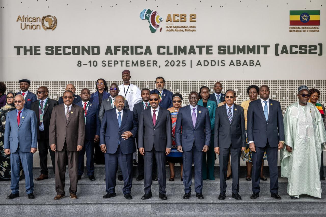 Djibouti’s President Ismail Omar Guelleh, Ethiopia’s Prime Minister Abiy Ahmed, Kenya’s President William Ruto, AU Commission Chair Mahmoud Ali Youssouf and other African leaders pose for a group photo at the opening of the Second Africa Climate Summit in Addis Ababa, Sept. 8, 2025. (AFP Photo)