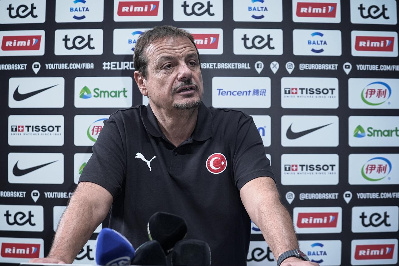 Turkish National Basketball Team Head Coach Ergin Ataman answers questions from the press ahead of the 2025 European Basketball Championship (EuroBasket 2025) quarterfinal match against Poland at Arena Riga, Latvia, Sept. 08, 2025. (AA Photo)