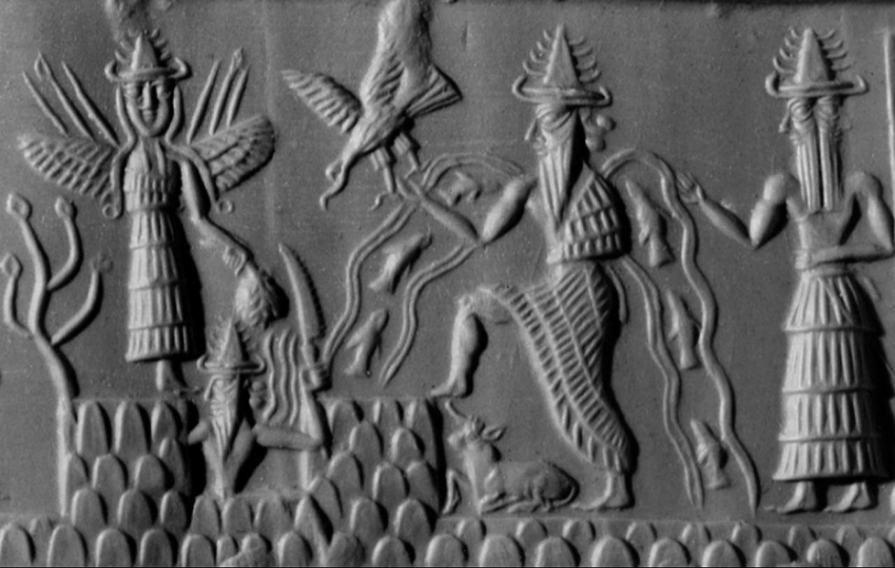 Detail of the Adda Seal showing Enki, Shamash, and Ishtar in Mesopotamian mythology. (Photo via British Museum)