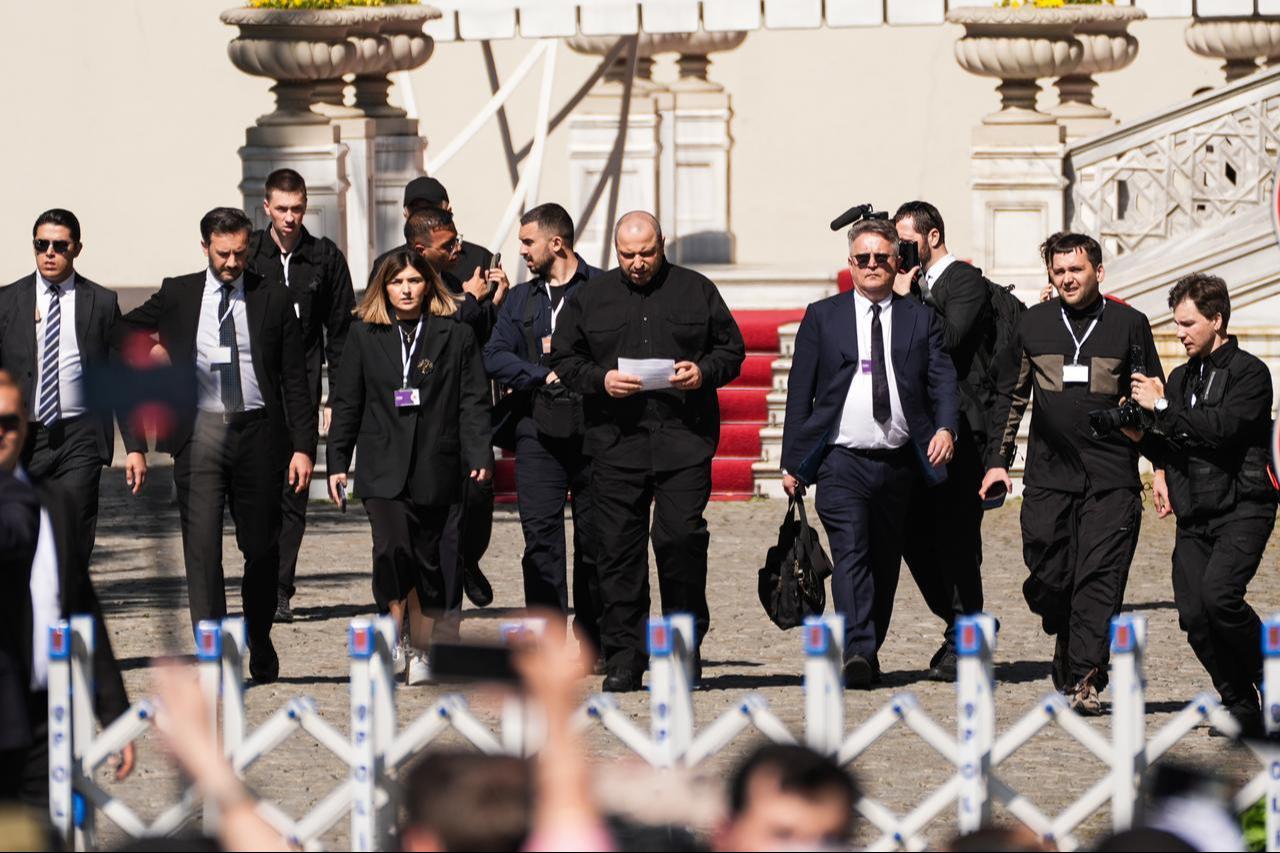 Ukrainian Defense Minister Rustem Umerov (5th R) arrives to hold a press conference at Ciragan Palace following talks in Istanbul, Türkiye, June 2, 2025. (AA Photo)