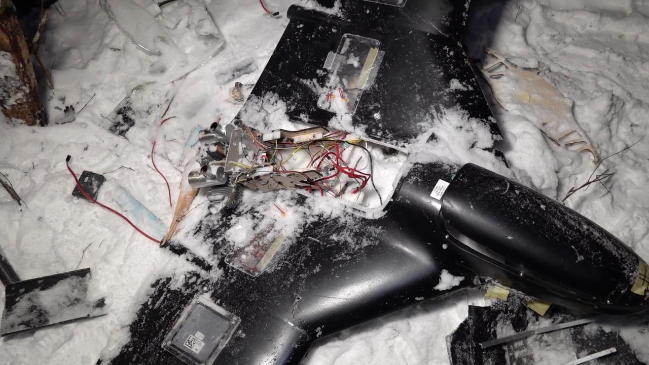 A screen grab from a video shows the wreckage of the craft in Novgorod, Russia, on December 31, 2025. (Photo via Russian Defense Ministry)