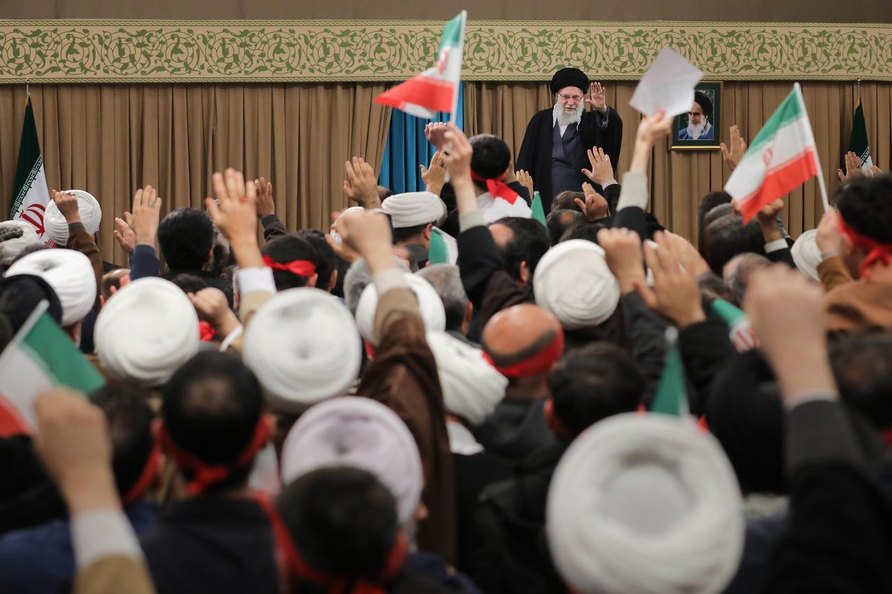 Iran’s Supreme Leader Ali Khamenei speaks at a meeting with residents of Qom on the anniversary of the uprising against the ousted Shah regime that began in this city in January 1977, addressed the events that escalated last night due to economic problems in the country, Tehran, Iran, Jan. 09, 2026. ( Iranian Leader Press Office / AA Photo)