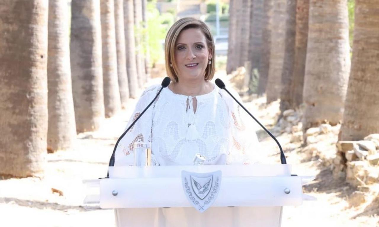 Philippa Karsera Christodoulides, wife of Greek Cyprus Administration (GCA) leader Nikos Christodoulides speaking during an event. (Photo via PIO)
