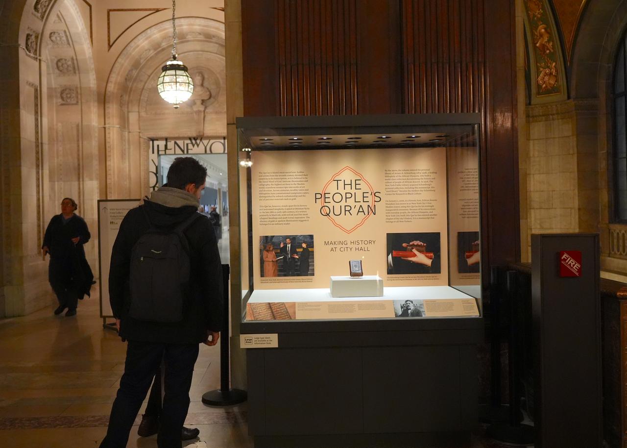 A Quran dating back to the 18th century, written in Ottoman-era Syria, on which New York’s first Muslim mayor, Zohran Mamdani, placed his hand while taking the oath of office before assuming his duties, is on display at the New York Public Library on Fifth Avenue in New York City, United States, Jan. 10, 2026. (AA Photo)