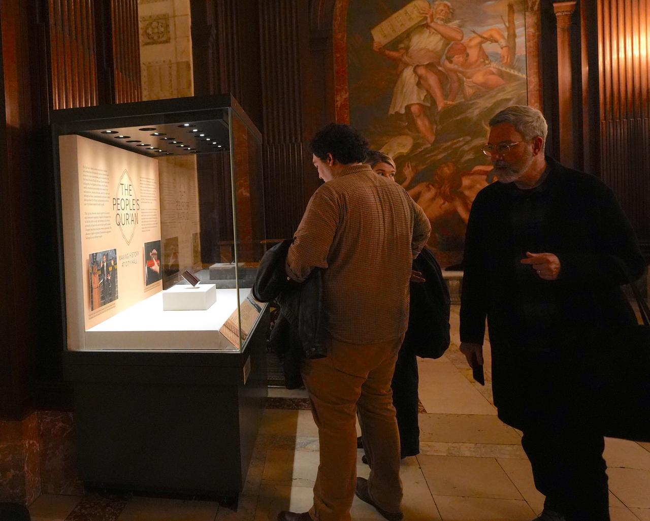 A Quran dating back to the 18th century, written in Ottoman-era Syria, on which New York’s first Muslim mayor, Zohran Mamdani, placed his hand while taking the oath of office before assuming his duties, is on display at the New York Public Library on Fifth Avenue in New York City, United States, Jan. 10, 2026. (AA Photo)
