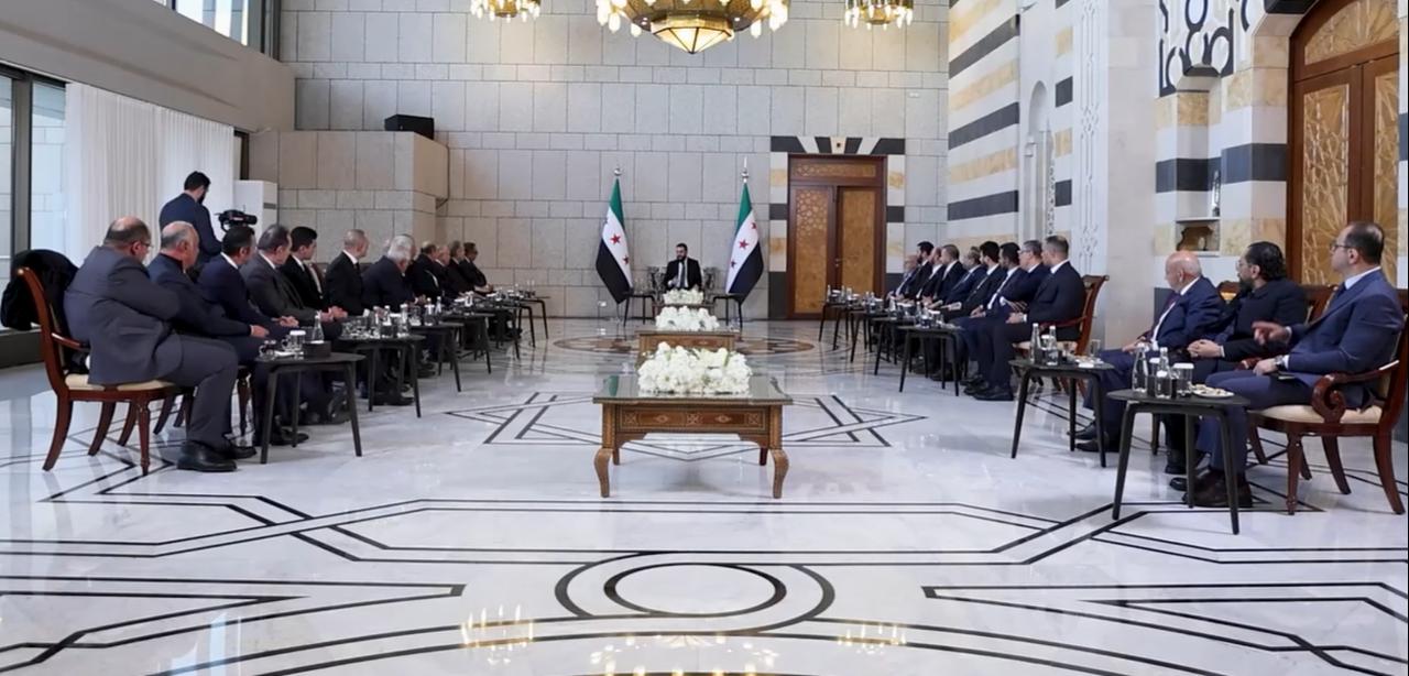 Syrian President Ahmad al-Sharaa made the remarks during a meeting with a delegation from the Federation of Egyptian Chambers of Commerce in Damascus, January 11, 2026. ( Photo via YouTube / @Syrianarabnewsagency)