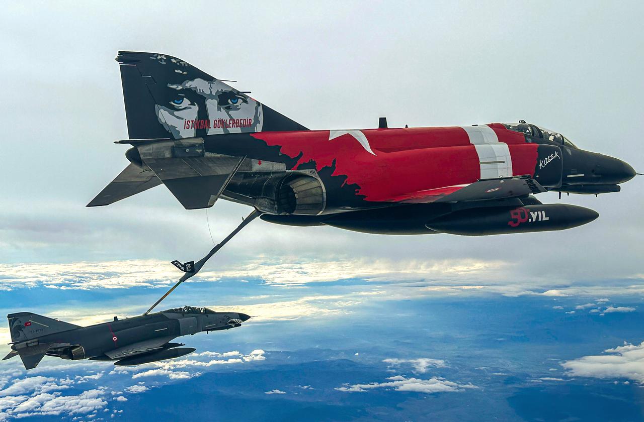 2x F-4E Phantom II Terminator fighter jets of Turkish Air Force Command (TurAF) with its special 50th anniversary decal at an unspecified location and time. (Photo via X/@tcsavunma)