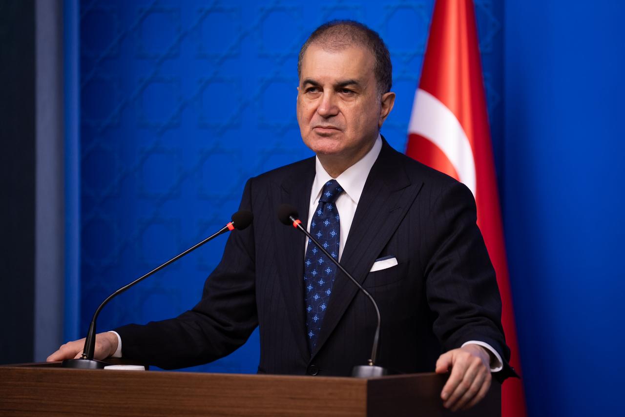 AK Party Deputy Chairman and Party Spokesperson Omer Celik speaking at the party headquarters in Ankara, Türkiye, Jan. 12. 2026. (AA Photo)