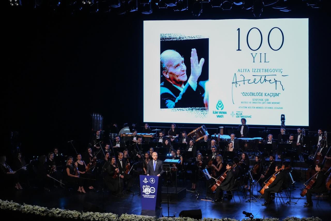 Bilal Erdogan, chairman of the Ilim Yayma Foundation, delivers a speech during a special concert marking the 100th birth anniversary of Bosnia and Herzegovina’s first president Aliya Izzetbegovic at the Ataturk Cultural Center in Istanbul, Türkiye, Jan. 13, 2026. (AA Photo)