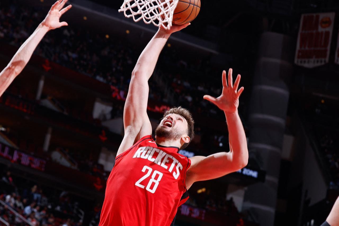 Alperen Sengun #28 of the Houston Rockets drives to the basket during the game against the Chicago Bulls Jan. 13, 2026 at the Toyota Center in Houston, Texas. (Photo by Logan Riely/NBAE/Getty Images/Getty Images via AFP)