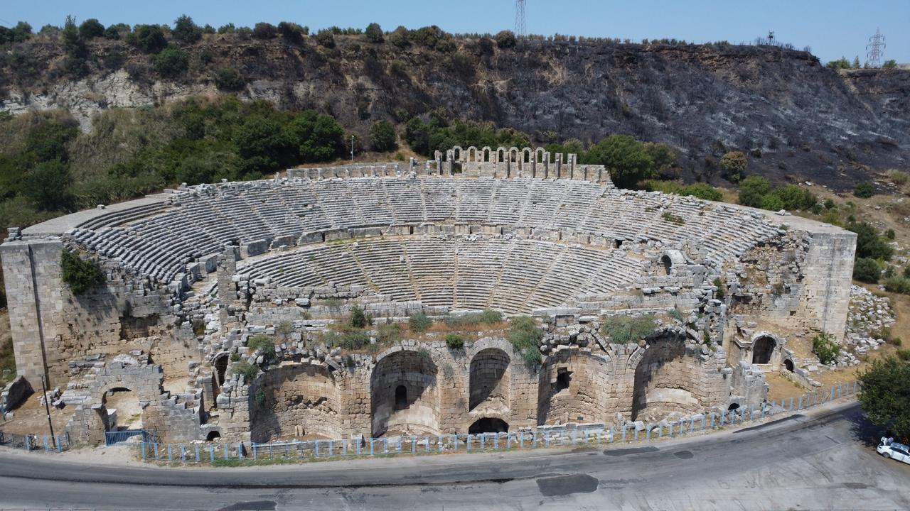 An aerial view of the Perge Ancient Theater in Antalya, Türkiye, Dec. 4, 2025. (AA Photo)