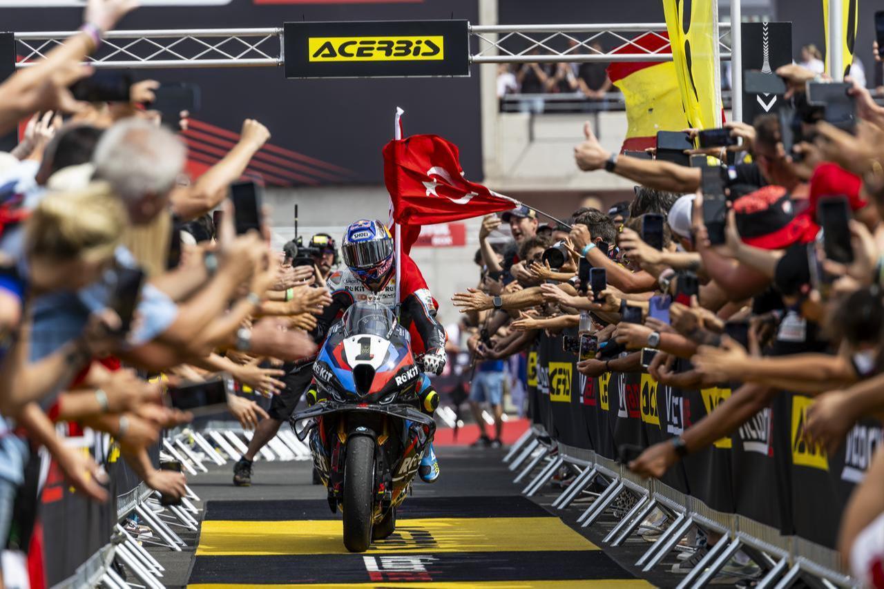 Toprak Razgatlioglu from Türkiye, celebrate after FIM SBK Superbike World Championship First race at Balaton Circuit on July 26, 2025 in Balatonfokajar, Hungary. (AA Photo)