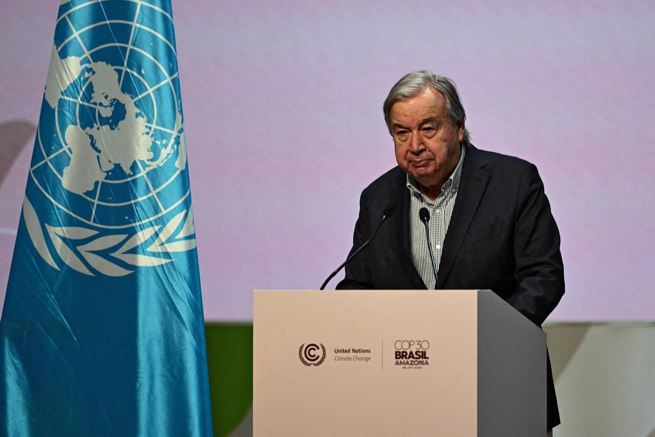 UN Secretary-General Antonio Guterres addresses the media during a press briefing at the COP30 UN Climate Change Conference in Belem, Para, Brazil, Nov. 20, 2025. (AFP Photo)