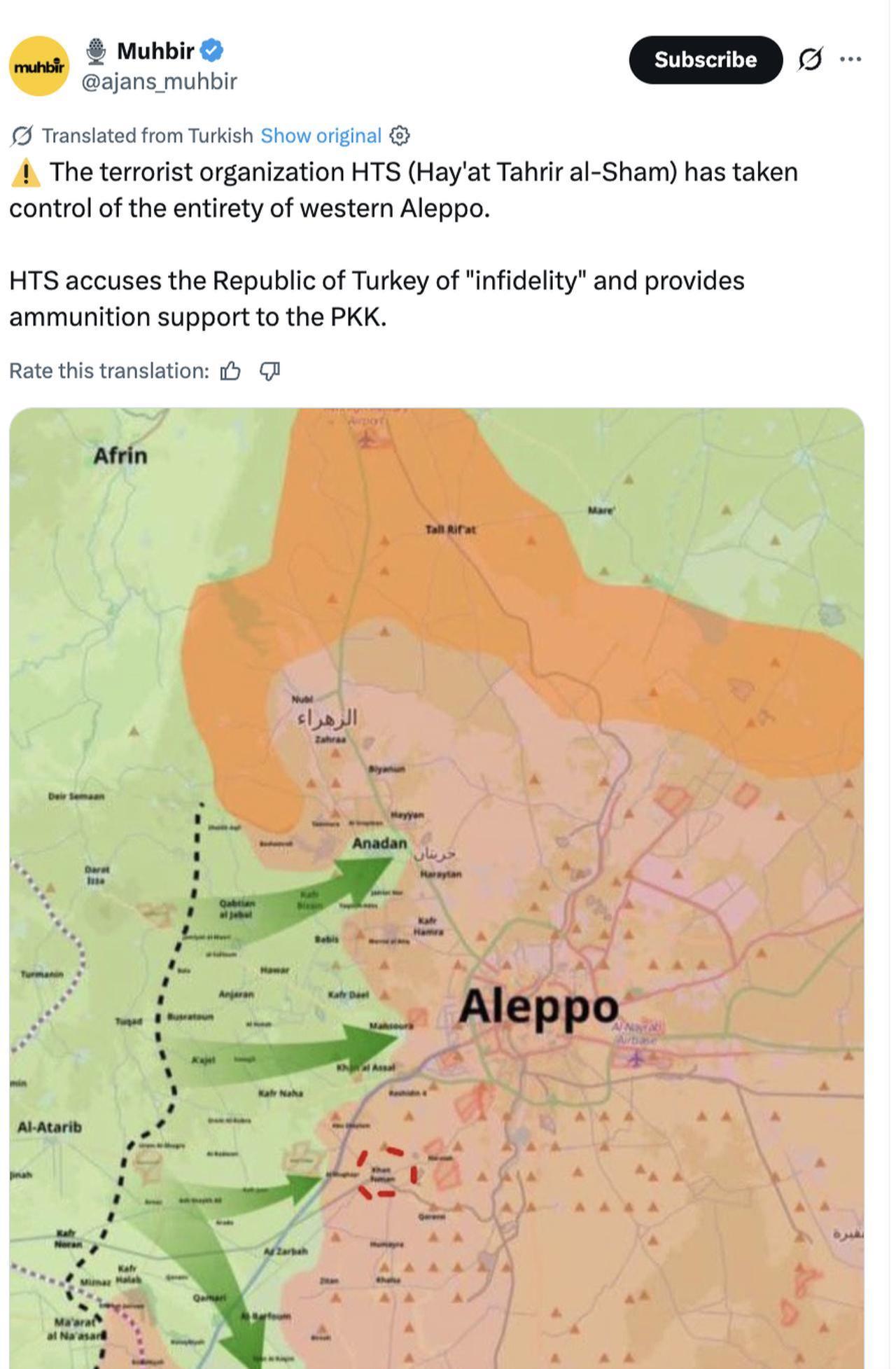 The post shared by Muhbir (@ajans_muhbir) in late November 2024 describes HTS as providing support to the terror organization PKK.