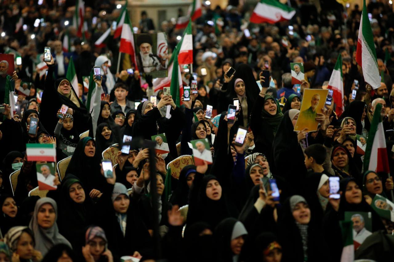 People commemorate Iranian Revolutionary Guards Corps (IRGC) Lieutenant General and Commander of the Quds Force Qasem Soleimani, during a ceremony marking the 6th anniversary of his death, at the Mosallah Mosque in Tehran, Iran, on Jan. 01, 2026. (AA Photo)