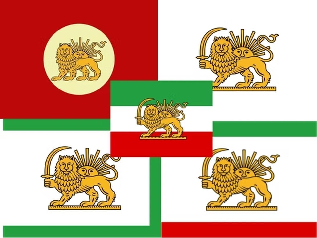 Five variations of the Qajar Empire flag used between 1789 and 1925, all featuring the Lion and Sun emblem. (Image via Iranopedia)