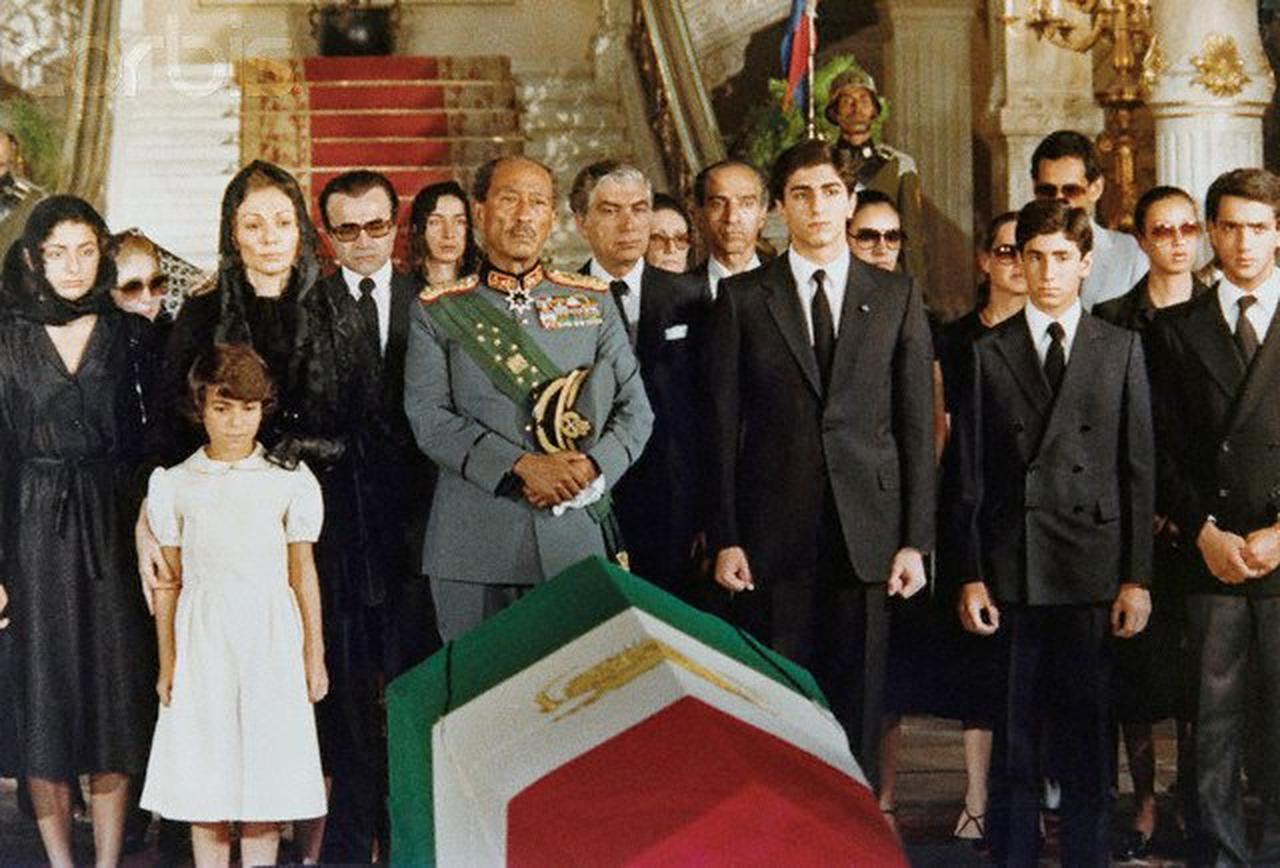 Members of the former Iranian royal family and officials stand during the funeral ceremony of Mohammad Reza Shah Pahlavi in Cairo, Egypt, 1980. (Photo via Farah Pahlavi)