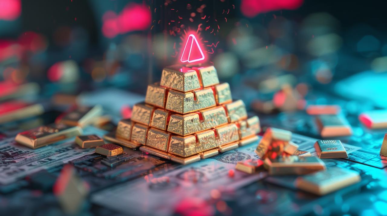 Illuminated Neon Artwork of Toppling Gold Bars Representing Ponzi Scheme Collapse (Adobe Stock Photo)