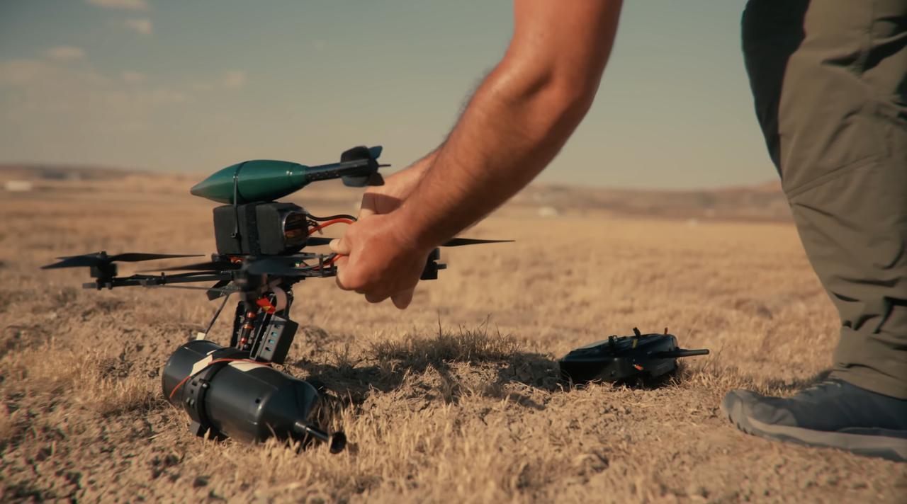 An FPV drone with fiberoptic cable during Aselsan's Ejderha (Dragon) High-Power Electromagnetic Countermeasure System demonstration tests at unspecified date. (AA Photo)
