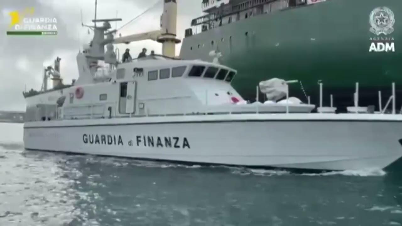 The Italian Coast Guard ship near the seized ship at the port of Brindisi, Italy, Jan. 17, 2026. (Photo via Guardia di Finanza)