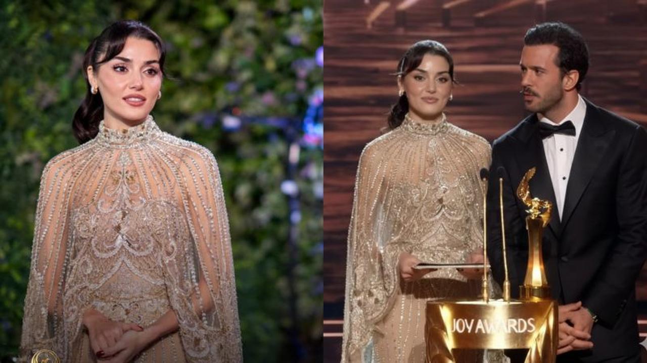 Ercel and Baris Arduc on the stage handing out the award for Best Arab Actress at the Joy Awards 2026 on January 17, 2026. (Photo via albawaba )