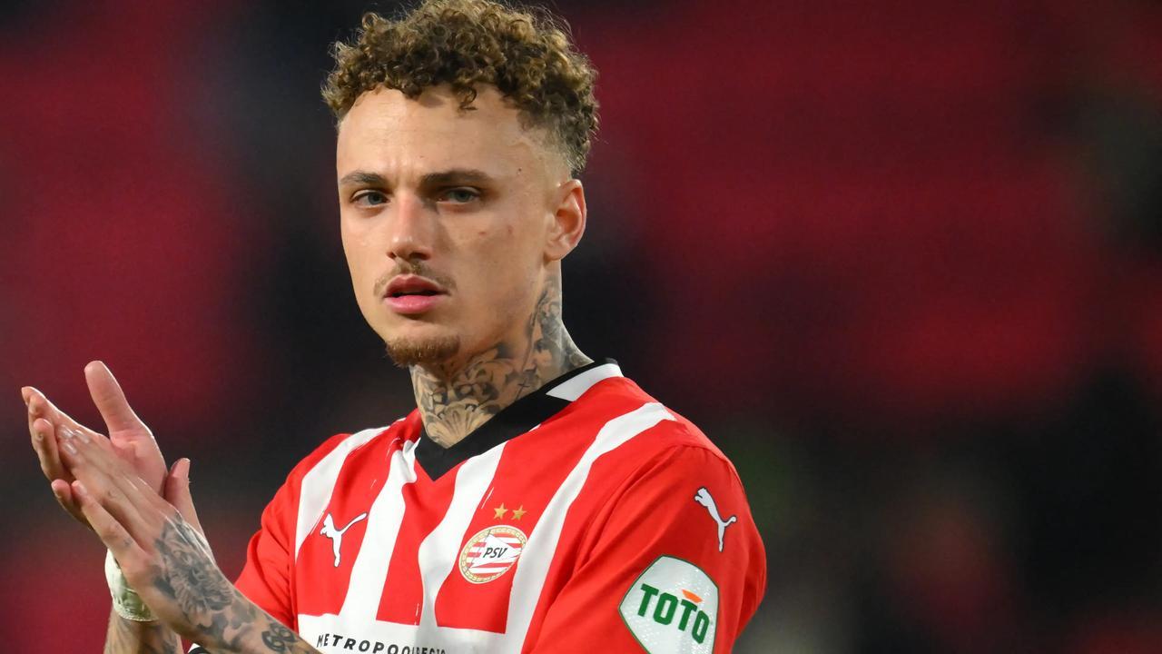 PSV Eindhovens Dutch forward #10 Noa Lang reacts at the end of the UEFA Champions eague round of 16 first leg football match between PSV Eindhoven (NED) and Arsenal FC (ENG) at the the PSV Stadion, in Eindhoven, March 4, 2025. (AFP Photo)