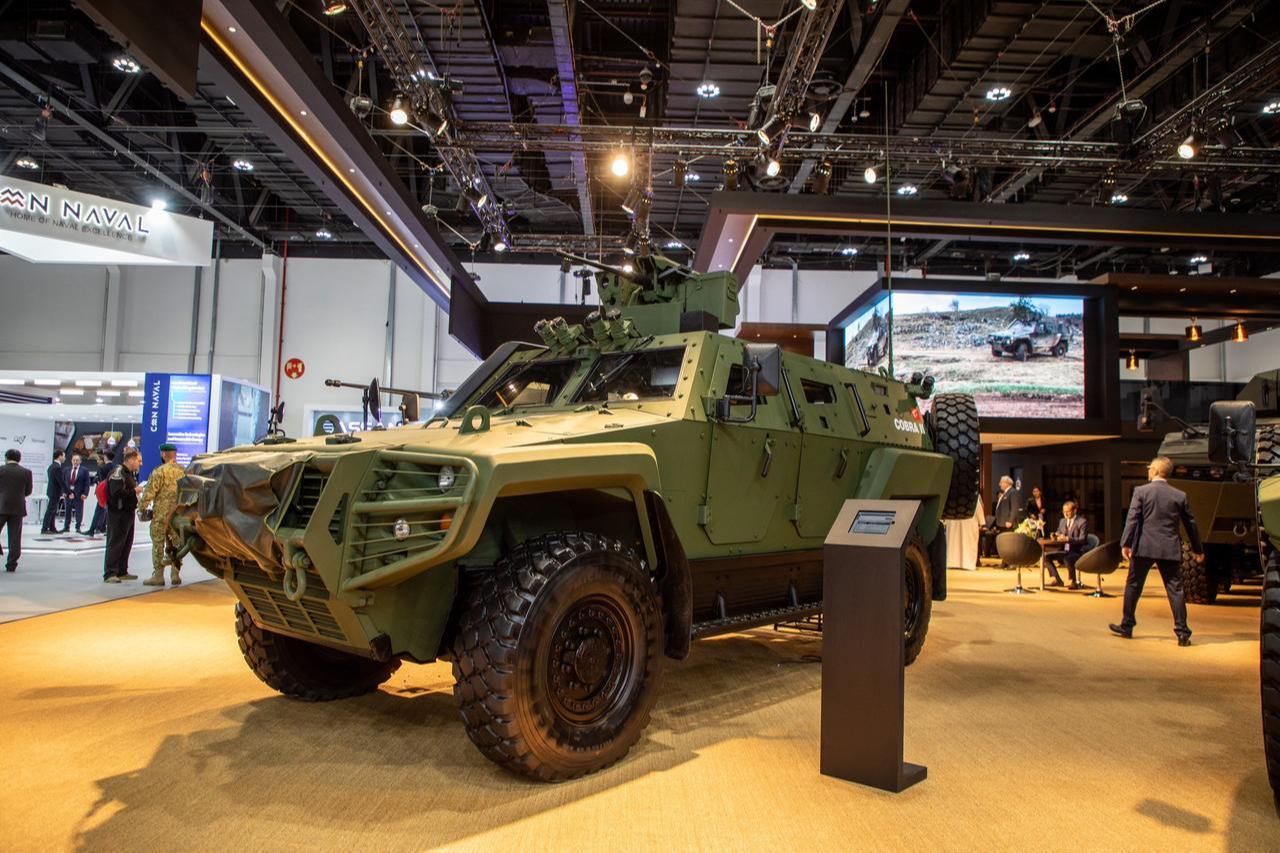 Cobra II 4x4 armoured tactical vehicle designed and produced by Turkish company Otokar, at the 16th IDEX and the 7th Navdex in Abu Dhabi, UAE, Feb. 21 2023. (AA Photo)