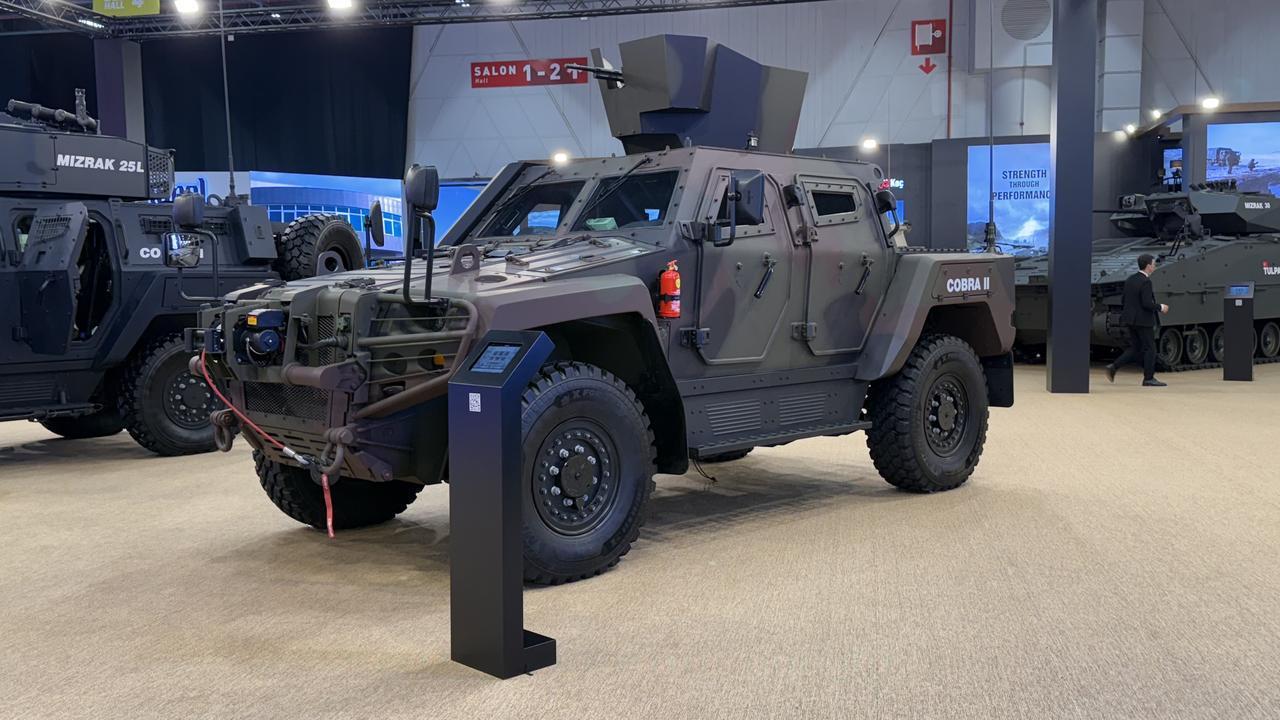 Otokar Cobra II 4x4 armored vehicle in Romanian variant is being exhibited, equipped with an open turret, at the 17th International Defence Industry Fair (IDEF 2025). (AA Photo)
